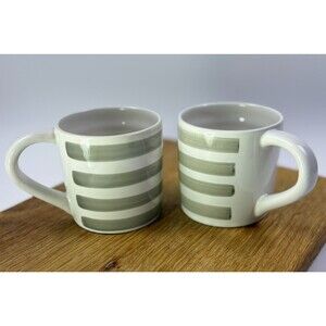 Pottery Barn Gray White Striped Stoneware Mug Set 2 Handcrafted